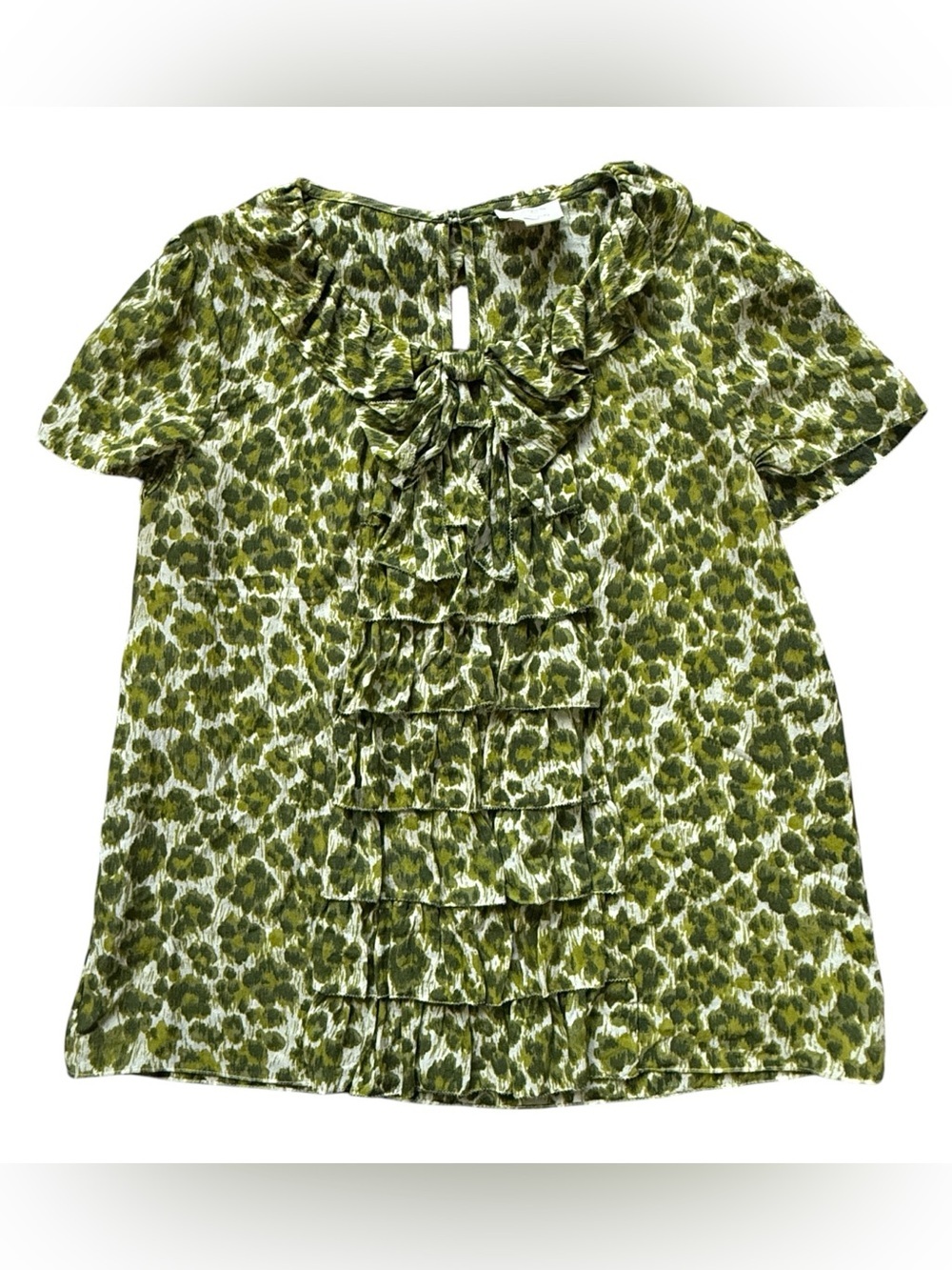 Kate Spade Silk Wool Leopard Print Ruffle Blouse Green Bow Top M Office Chic